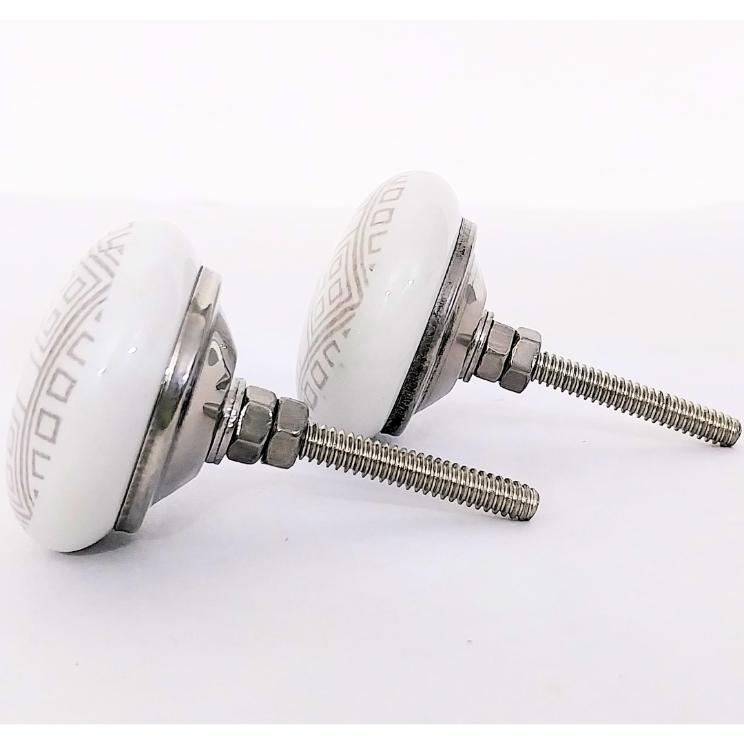 Decorative Ceramic Drawer Knobs, White with Geometric Pattern | Handcrafted Cabinet Pulls with Metal Hardware | Set of 6 for Drawers, Cupboards & Wardrobes