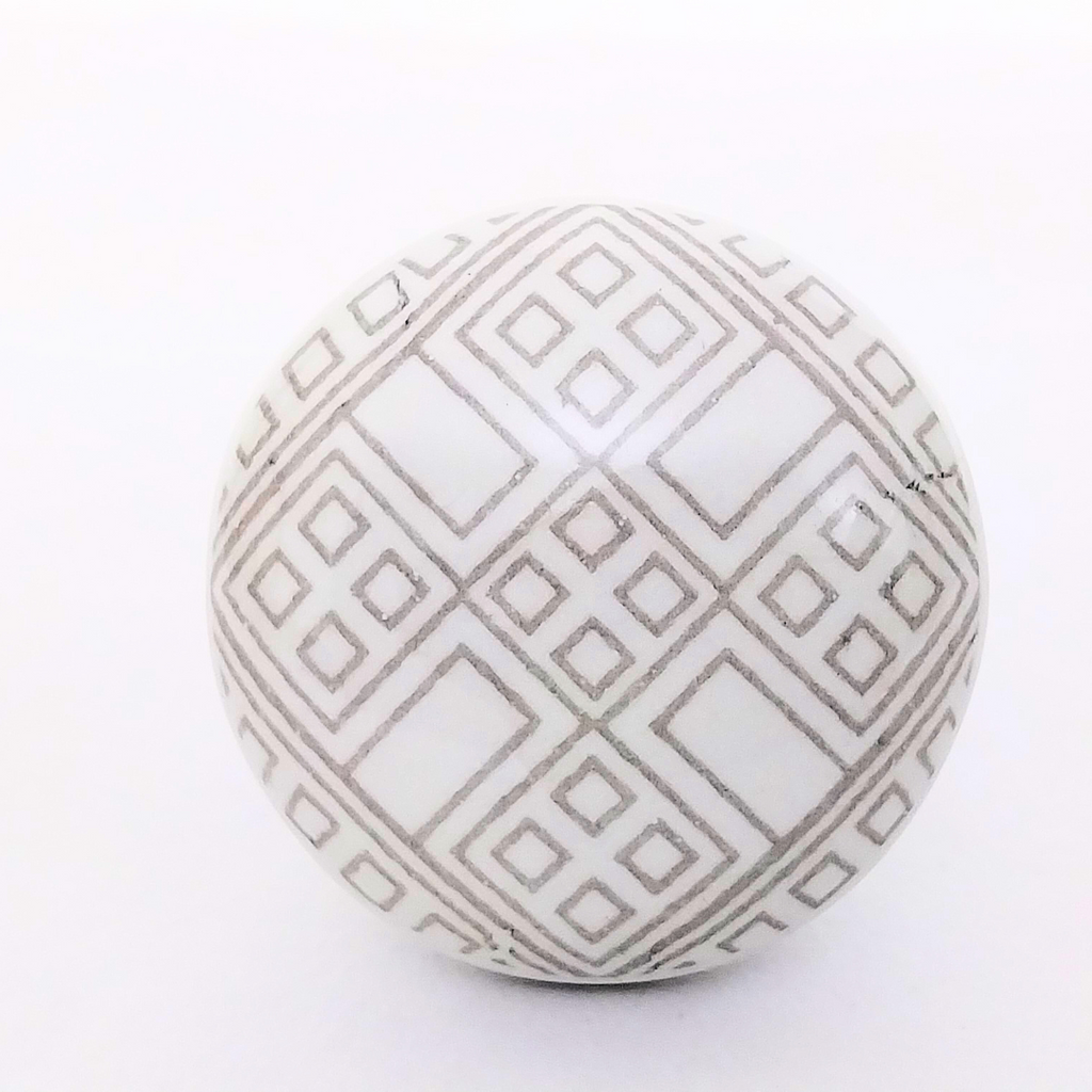 Decorative Ceramic Drawer Knobs, White with Geometric Pattern | Handcrafted Cabinet Pulls with Metal Hardware | Set of 6 for Drawers, Cupboards & Wardrobes