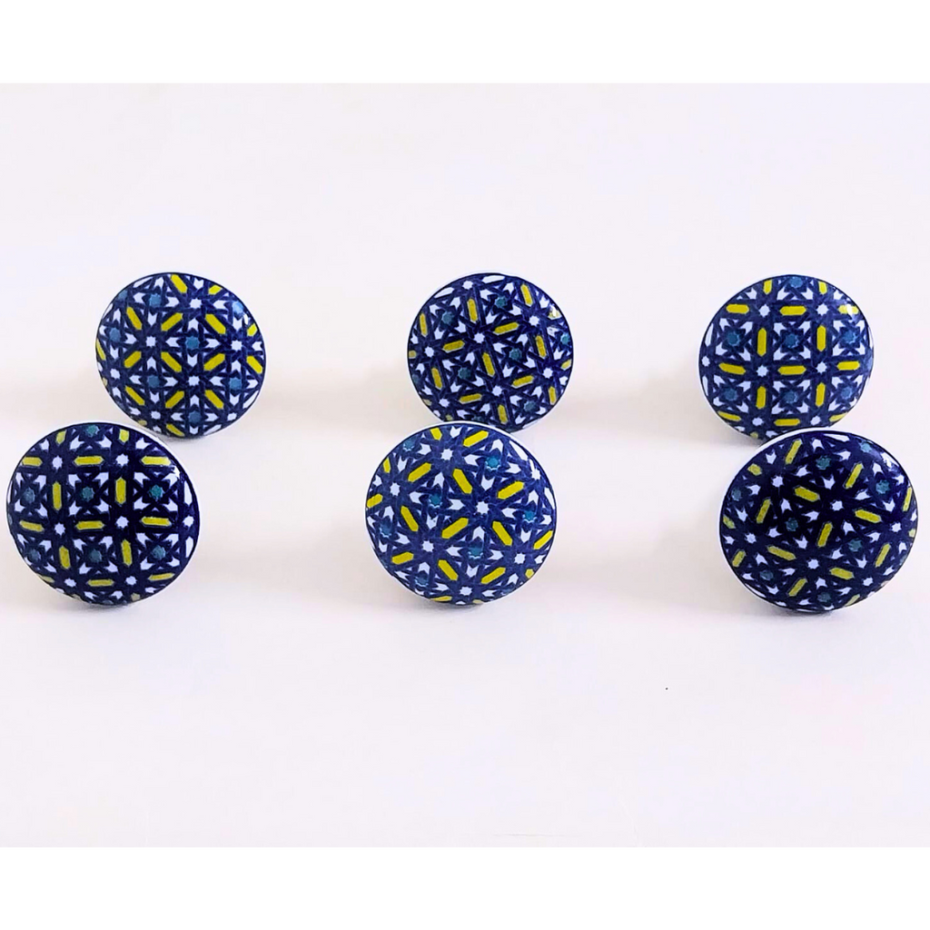 Decorative Ceramic Drawer Knobs, Blue and Yellow Floral Pattern on White Base | Handcrafted Cabinet Pulls with Metal Hardware | Set of 6 for Drawers, Wardrobes & Cupboards