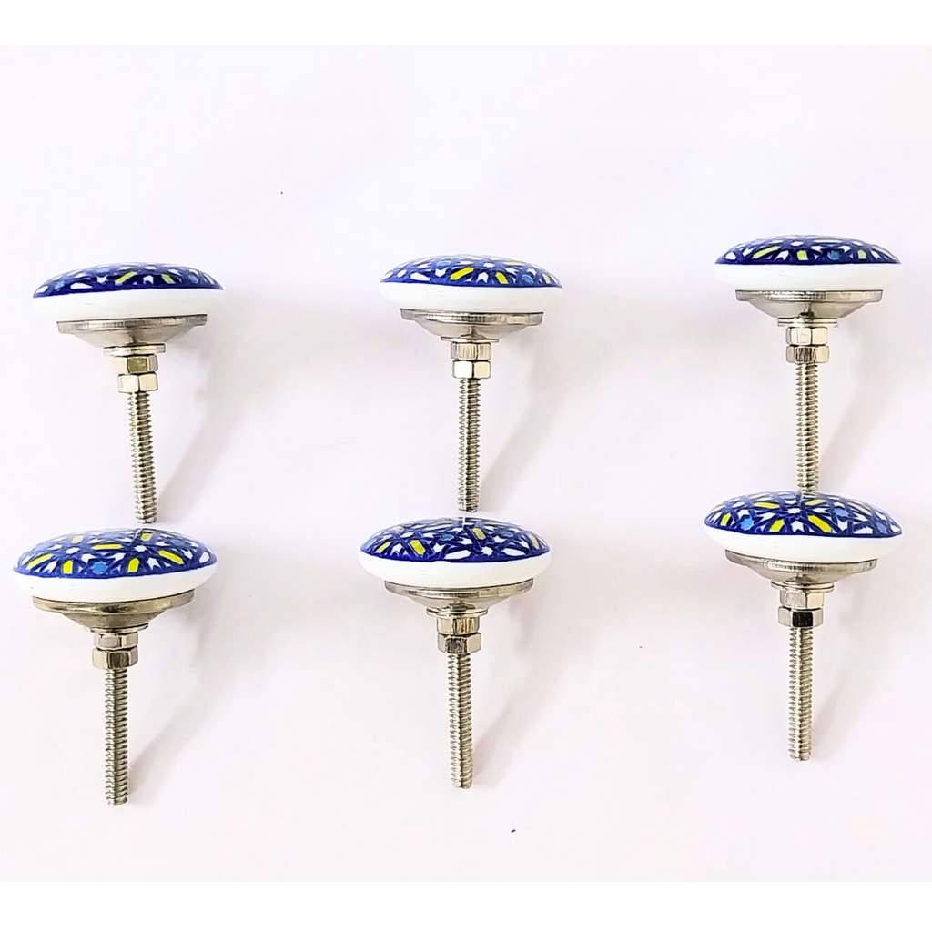 Decorative Ceramic Drawer Knobs, Blue and Yellow Floral Pattern on White Base | Handcrafted Cabinet Pulls with Metal Hardware | Set of 6 for Drawers, Wardrobes & Cupboards