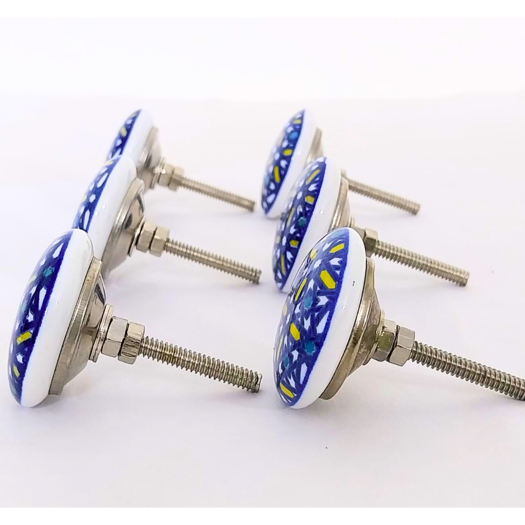Decorative Ceramic Drawer Knobs, Blue and Yellow Floral Pattern on White Base | Handcrafted Cabinet Pulls with Metal Hardware | Set of 6 for Drawers, Wardrobes & Cupboards