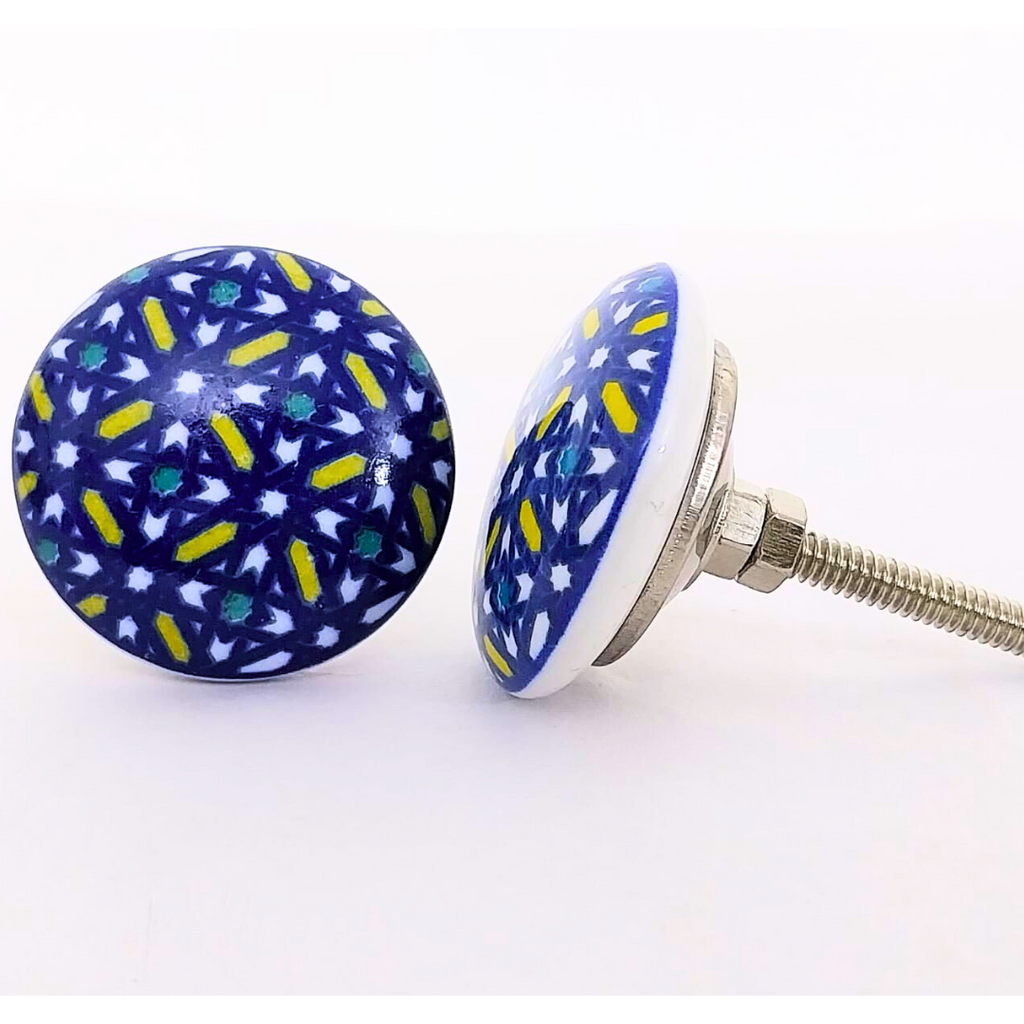 Decorative Ceramic Drawer Knobs, Blue and Yellow Floral Pattern on White Base | Handcrafted Cabinet Pulls with Metal Hardware | Set of 6 for Drawers, Wardrobes & Cupboards