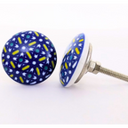 Decorative Ceramic Drawer Knobs, Blue and Yellow Floral Pattern on White Base | Handcrafted Cabinet Pulls with Metal Hardware | Set of 6 for Drawers, Wardrobes & Cupboards