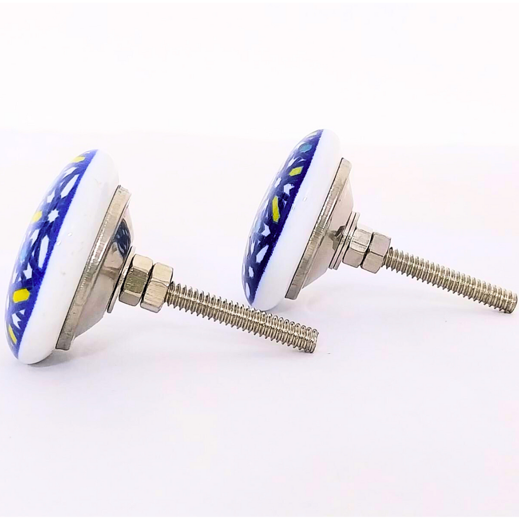 Decorative Ceramic Drawer Knobs, Blue and Yellow Floral Pattern on White Base | Handcrafted Cabinet Pulls with Metal Hardware | Set of 6 for Drawers, Wardrobes & Cupboards
