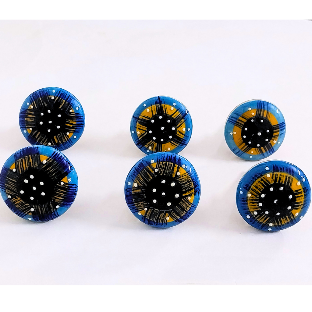 Decorative Ceramic Drawer Knobs, Blue and Yellow Pattern on White Base | Handcrafted Cabinet Pulls with Metal Hardware | Set of 6 for Drawers, Wardrobes & Cupboards