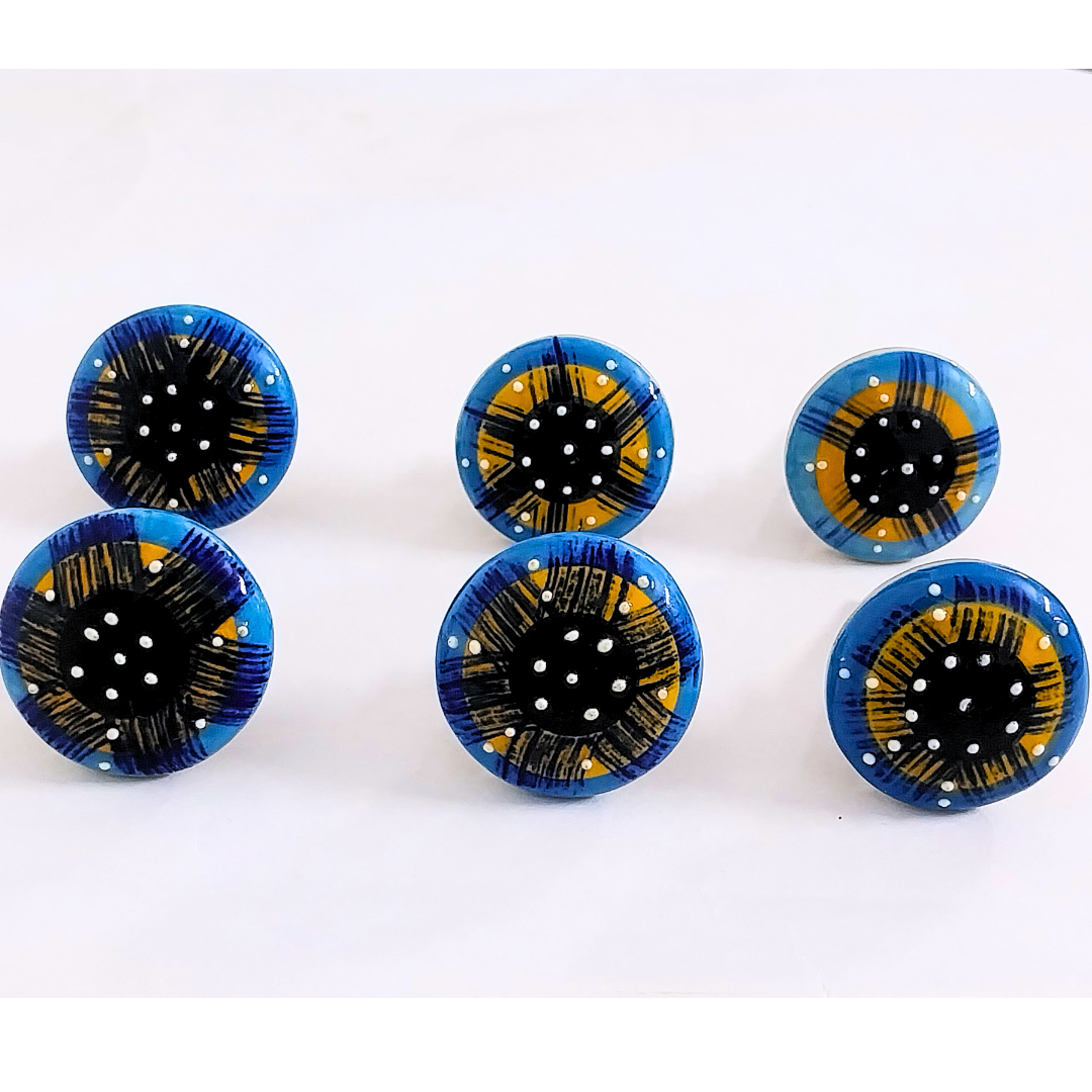Decorative Ceramic Drawer Knobs, Blue and Yellow Pattern on White Base | Handcrafted Cabinet Pulls with Metal Hardware | Set of 6 for Drawers, Wardrobes & Cupboards