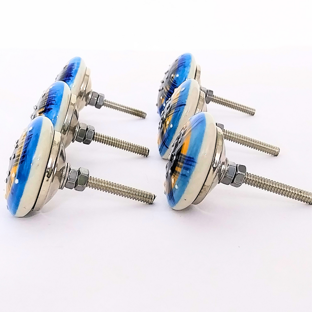 Decorative Ceramic Drawer Knobs, Blue and Yellow Pattern on White Base | Handcrafted Cabinet Pulls with Metal Hardware | Set of 6 for Drawers, Wardrobes & Cupboards