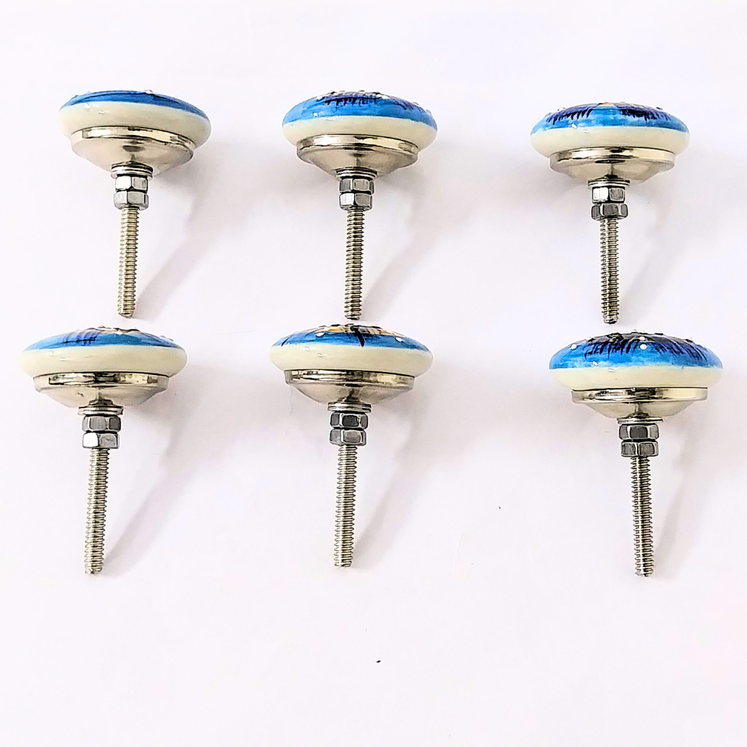 Decorative Ceramic Drawer Knobs, Blue and Yellow Pattern on White Base | Handcrafted Cabinet Pulls with Metal Hardware | Set of 6 for Drawers, Wardrobes & Cupboards