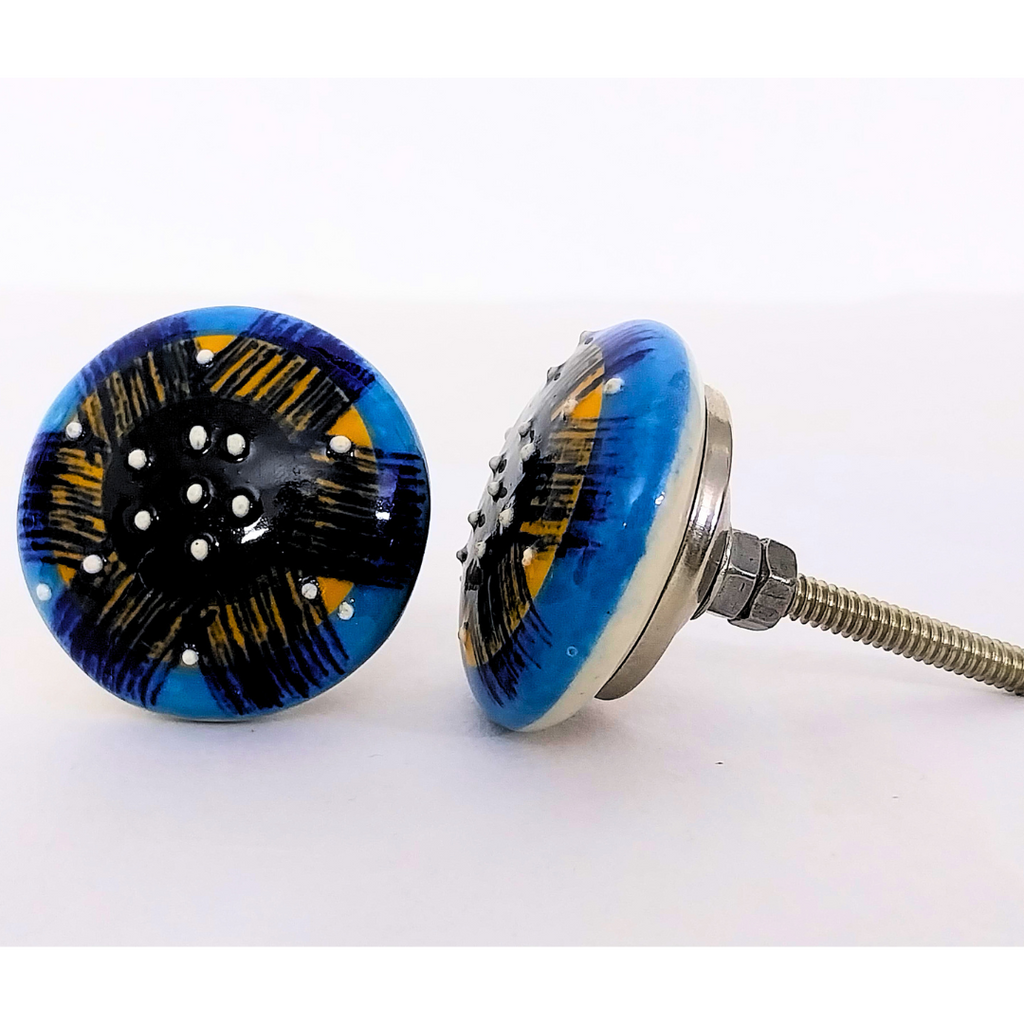 Decorative Ceramic Drawer Knobs, Blue and Yellow Pattern on White Base | Handcrafted Cabinet Pulls with Metal Hardware | Set of 6 for Drawers, Wardrobes & Cupboards
