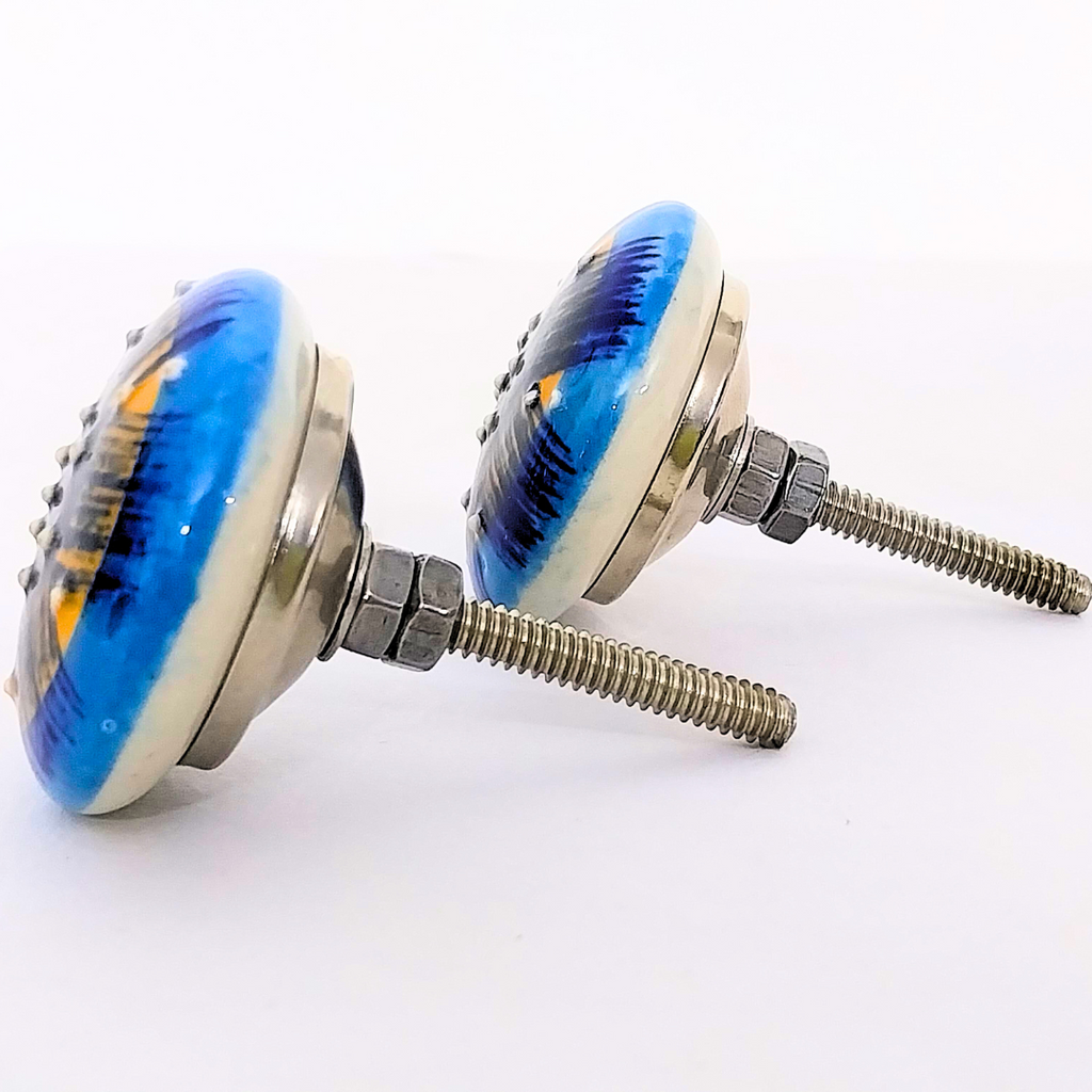 Decorative Ceramic Drawer Knobs, Blue and Yellow Pattern on White Base | Handcrafted Cabinet Pulls with Metal Hardware | Set of 6 for Drawers, Wardrobes & Cupboards