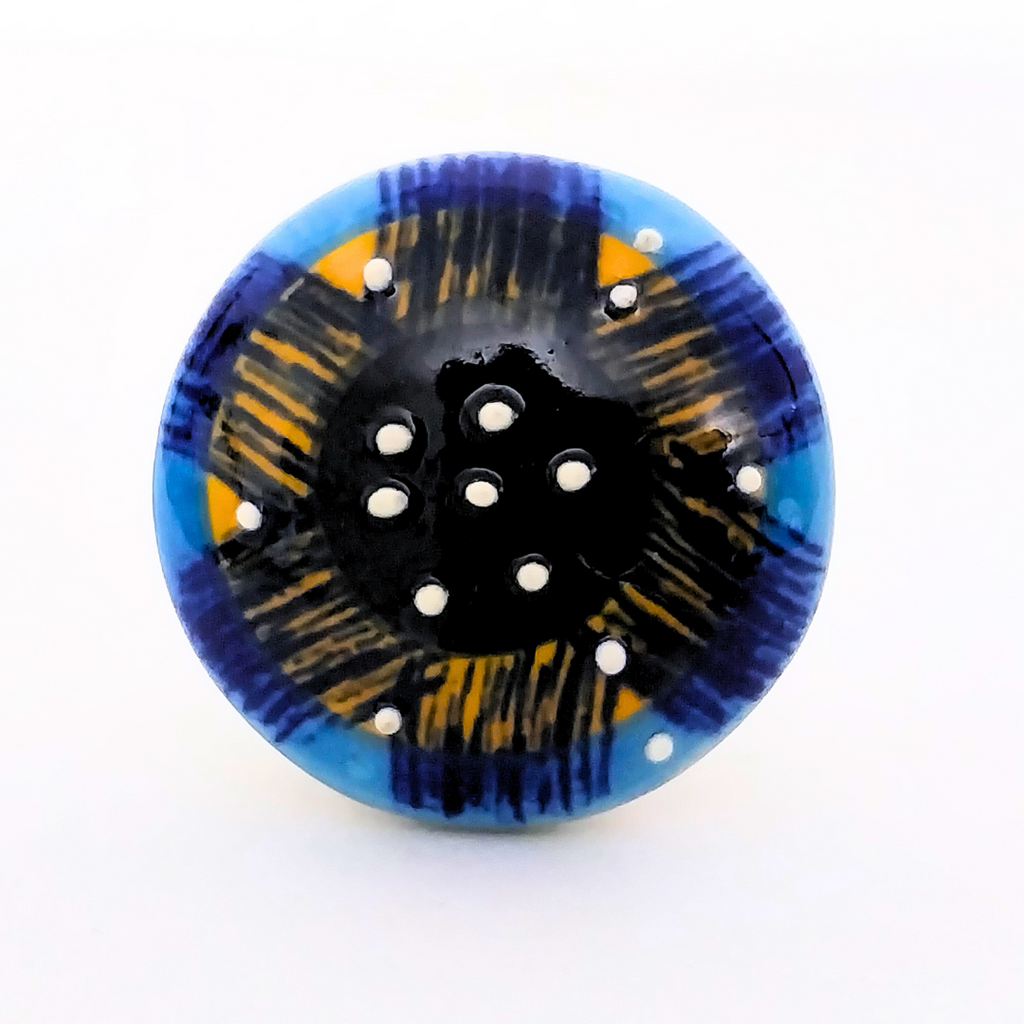 Decorative Ceramic Drawer Knobs, Blue and Yellow Pattern on White Base | Handcrafted Cabinet Pulls with Metal Hardware | Set of 6 for Drawers, Wardrobes & Cupboards