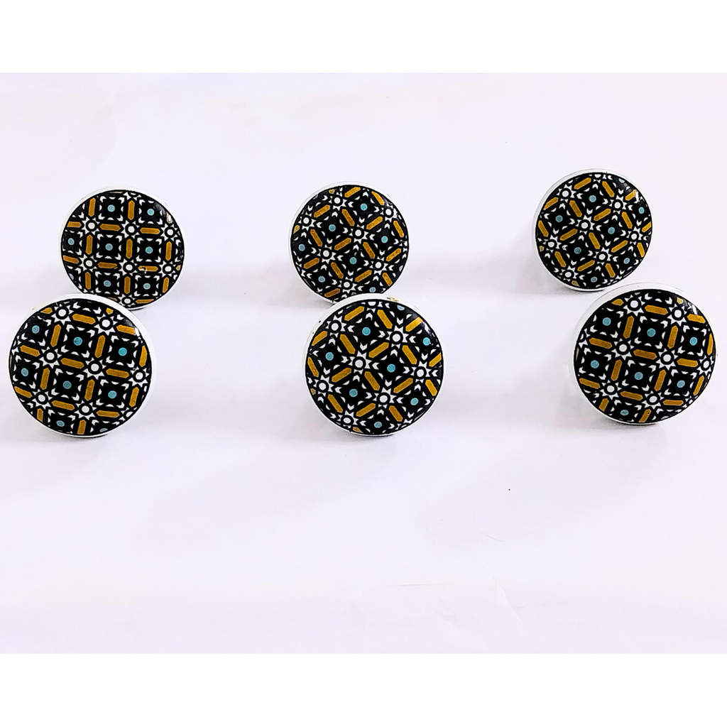 Decorative Ceramic Drawer Knobs, Black and Gold Geometric Pattern on White Base | Handcrafted Cabinet Pulls with Metal Hardware | Set of 6 for Drawers, Wardrobes & Cupboards