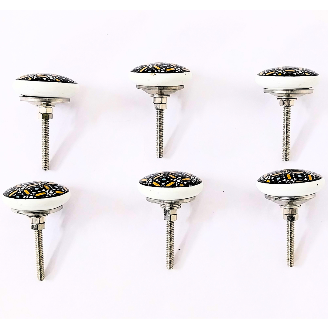 Decorative Ceramic Drawer Knobs, Black and Gold Geometric Pattern on White Base | Handcrafted Cabinet Pulls with Metal Hardware | Set of 6 for Drawers, Wardrobes & Cupboards
