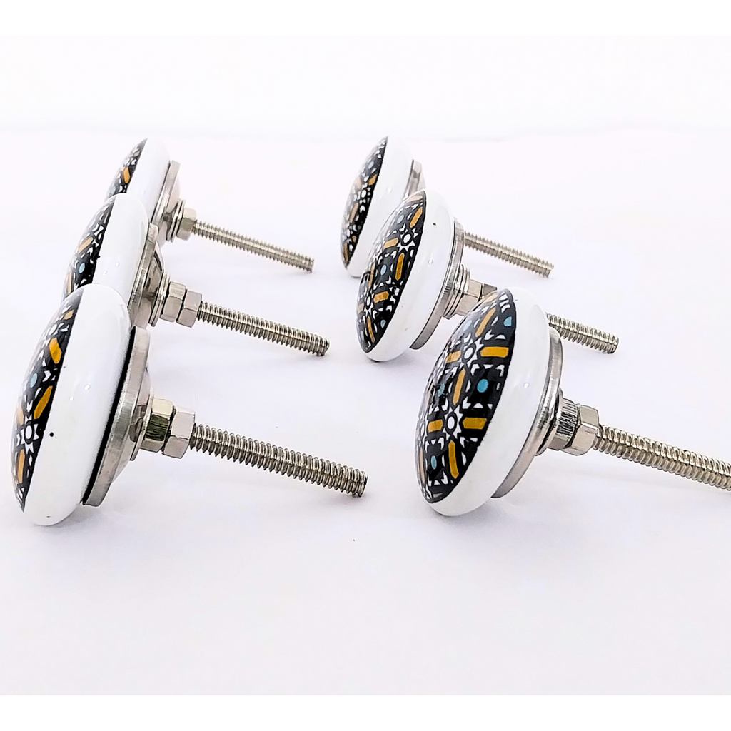 Decorative Ceramic Drawer Knobs, Black and Gold Geometric Pattern on White Base | Handcrafted Cabinet Pulls with Metal Hardware | Set of 6 for Drawers, Wardrobes & Cupboards