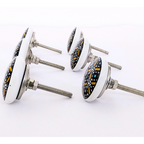 Decorative Ceramic Drawer Knobs, Black and Gold Geometric Pattern on White Base | Handcrafted Cabinet Pulls with Metal Hardware | Set of 6 for Drawers, Wardrobes & Cupboards