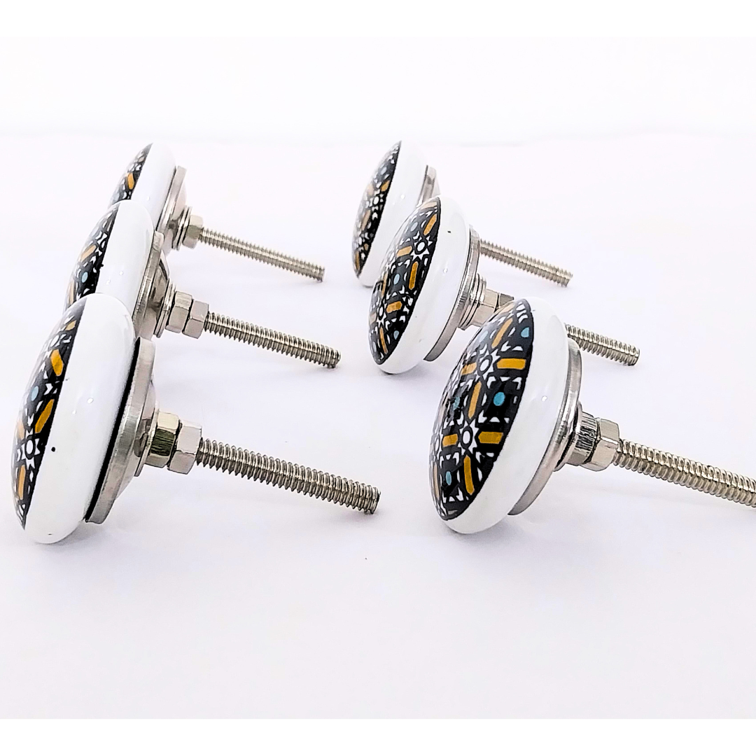 Decorative Ceramic Drawer Knobs, Black and Gold Geometric Pattern on White Base | Handcrafted Cabinet Pulls with Metal Hardware | Set of 6 for Drawers, Wardrobes & Cupboards