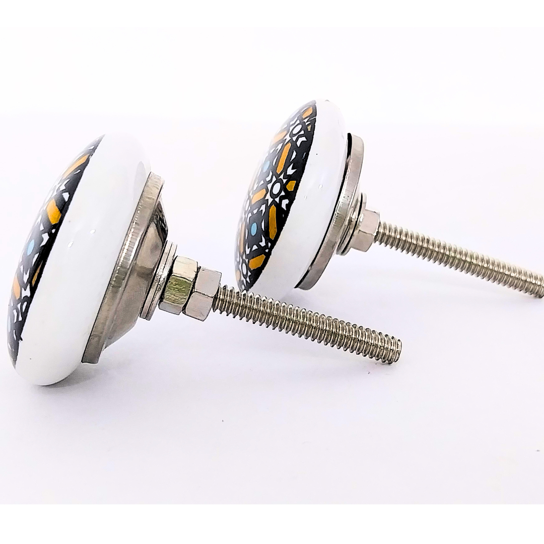 Decorative Ceramic Drawer Knobs, Black and Gold Geometric Pattern on White Base | Handcrafted Cabinet Pulls with Metal Hardware | Set of 6 for Drawers, Wardrobes & Cupboards