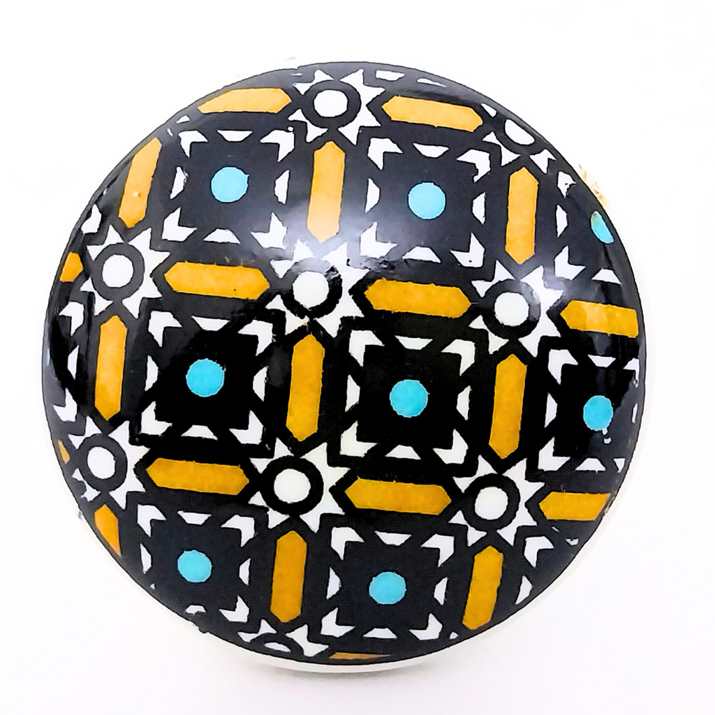 Decorative Ceramic Drawer Knobs, Black and Gold Geometric Pattern on White Base | Handcrafted Cabinet Pulls with Metal Hardware | Set of 6 for Drawers, Wardrobes & Cupboards