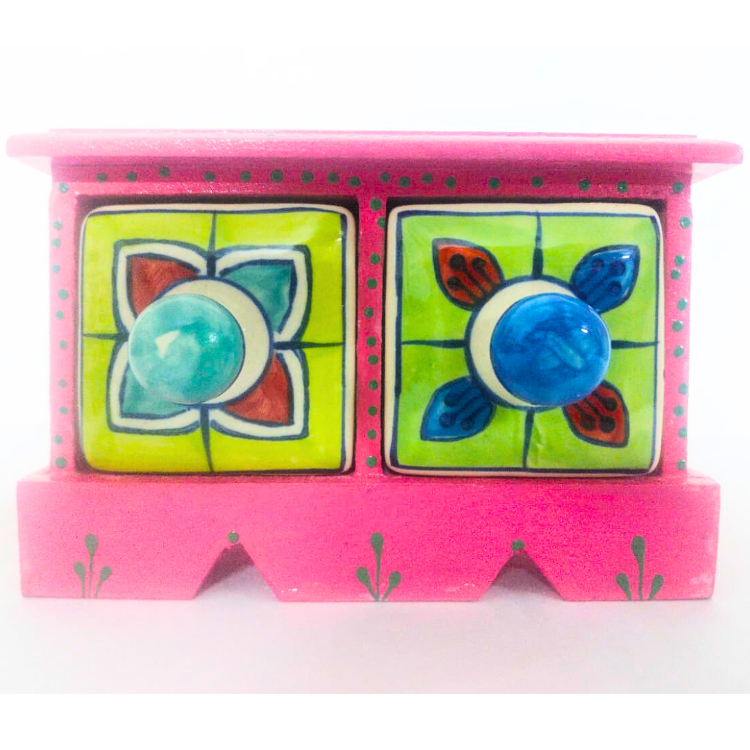 Handcrafted Ceramic Mini Drawer Box | Pink with Floral Design | 2-Compartment Decorative Storage Organizer for Jewelry, Trinkets, Keys & Small Essentials