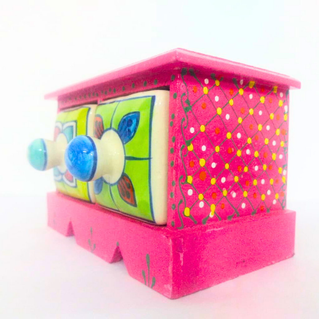 Handcrafted Ceramic Mini Drawer Box | Pink with Floral Design | 2-Compartment Decorative Storage Organizer for Jewelry, Trinkets, Keys & Small Essentials