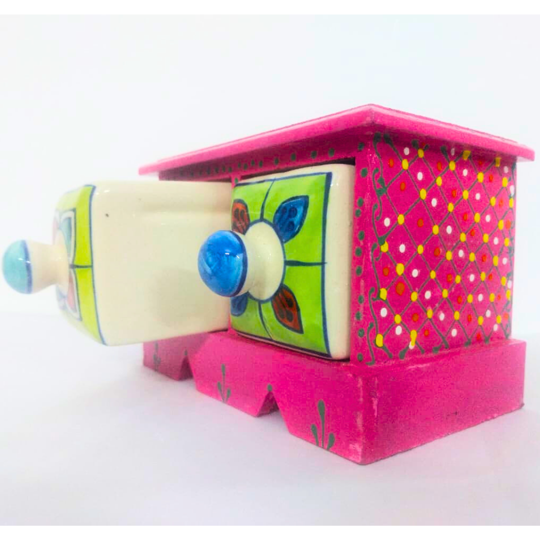 Handcrafted Ceramic Mini Drawer Box | Pink with Floral Design | 2-Compartment Decorative Storage Organizer for Jewelry, Trinkets, Keys & Small Essentials
