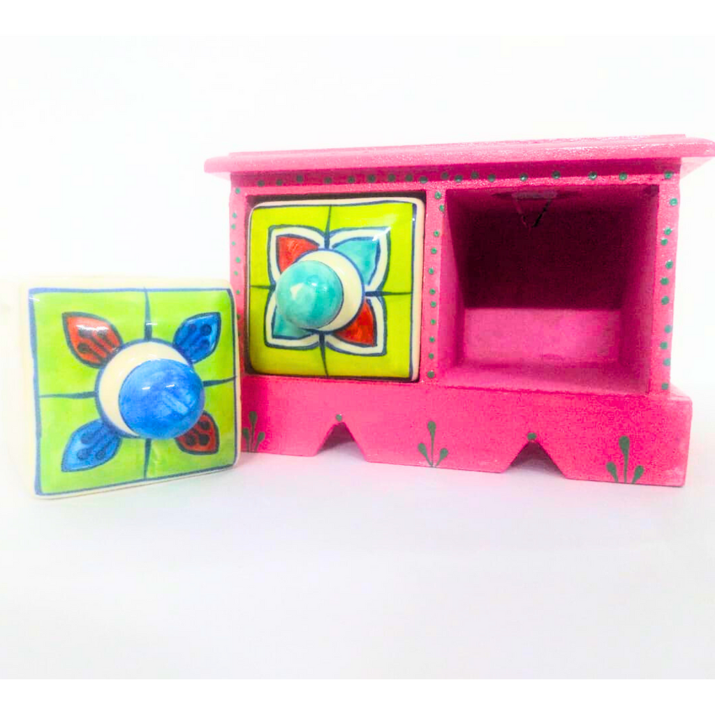Handcrafted Ceramic Mini Drawer Box | Pink with Floral Design | 2-Compartment Decorative Storage Organizer for Jewelry, Trinkets, Keys & Small Essentials