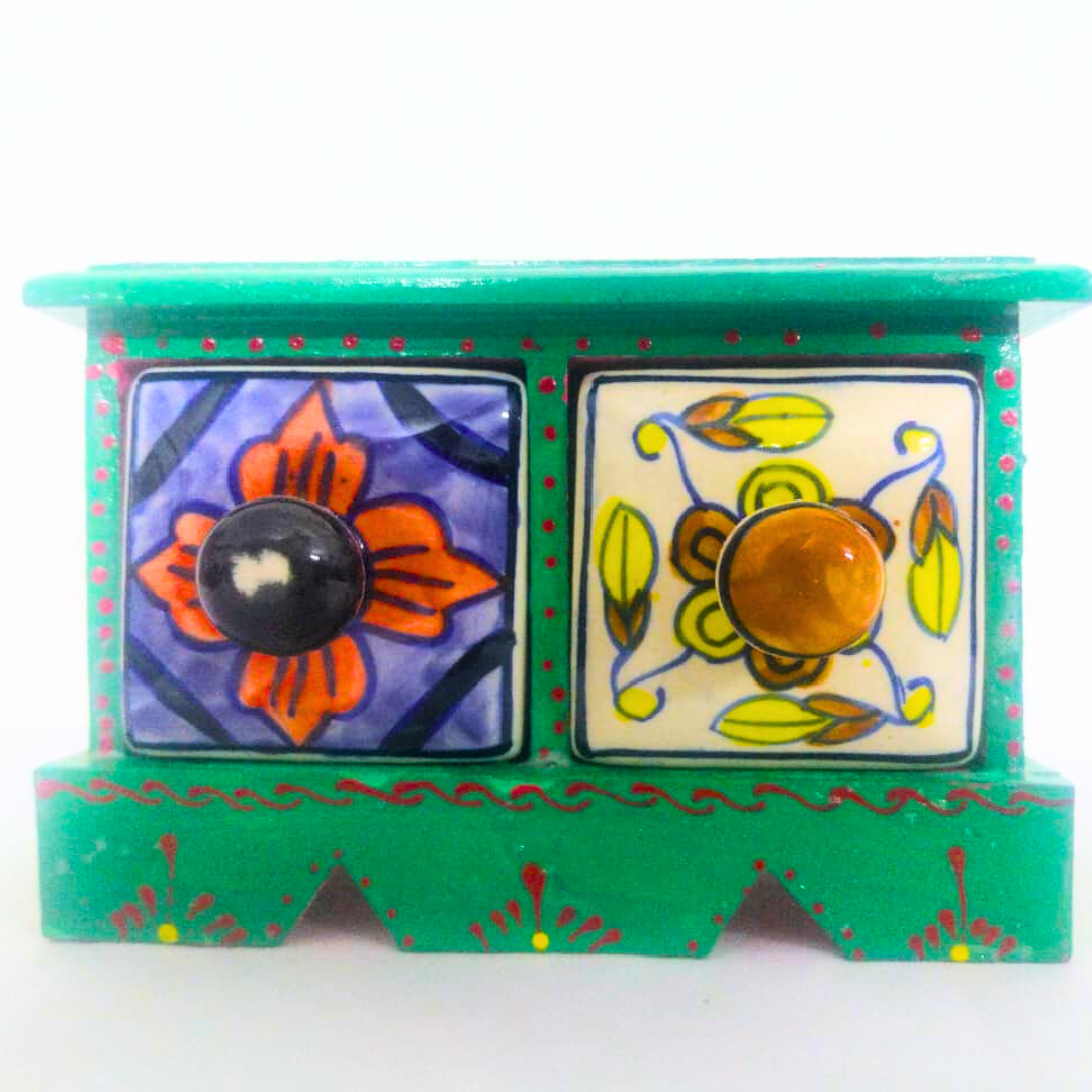 Handcrafted Ceramic 2-Drawer Storage Box | Green with Floral Design | Decorative Knobs | Multipurpose Organizer for Jewelry, Trinkets, Keys & Small Essentials