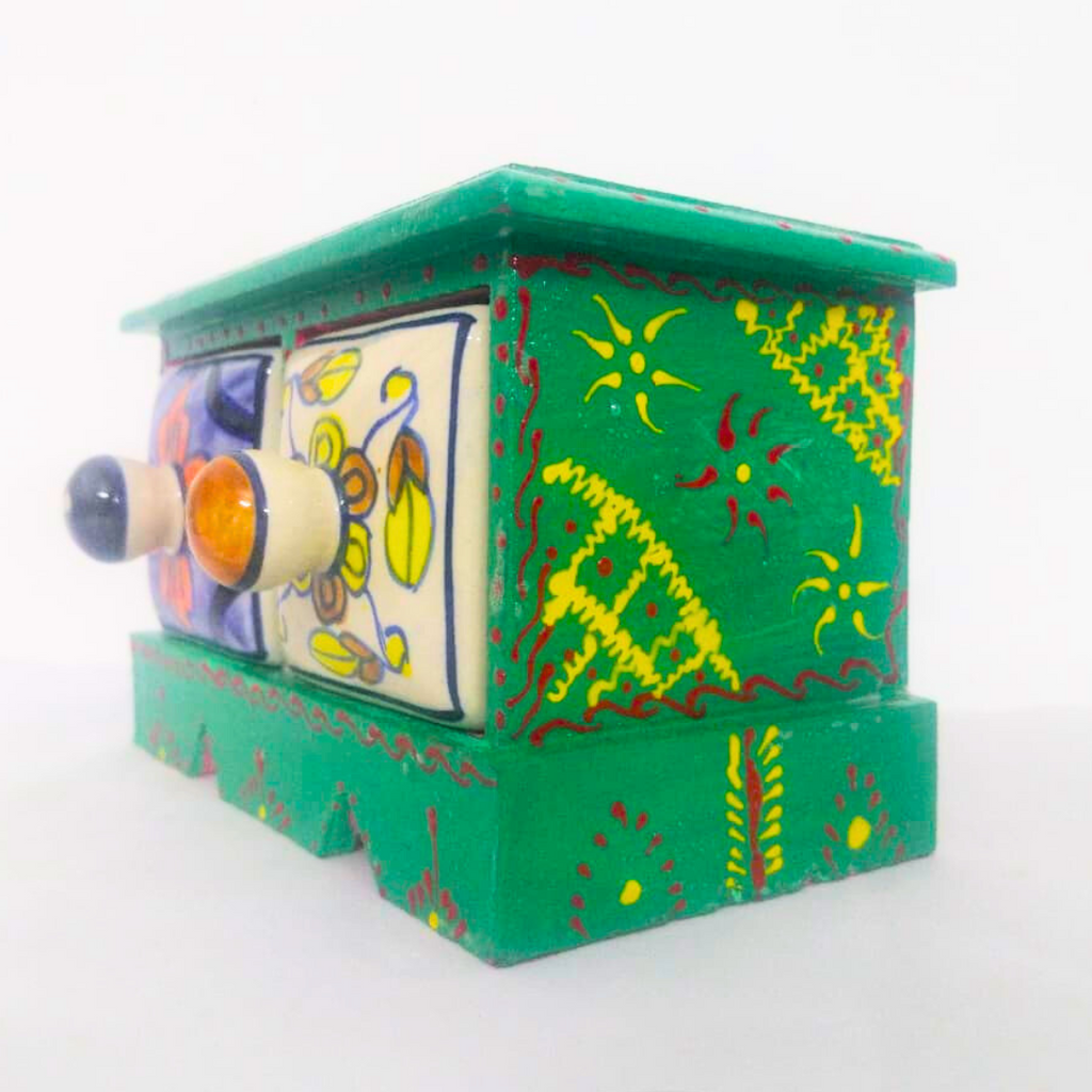 Handcrafted Ceramic 2-Drawer Storage Box | Green with Floral Design | Decorative Knobs | Multipurpose Organizer for Jewelry, Trinkets, Keys & Small Essentials