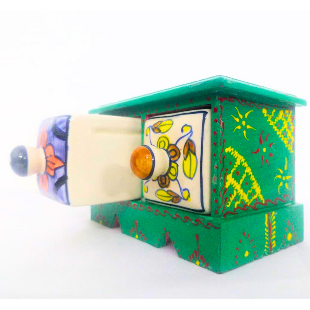 Handcrafted Ceramic 2-Drawer Storage Box | Green with Floral Design | Decorative Knobs | Multipurpose Organizer for Jewelry, Trinkets, Keys & Small Essentials