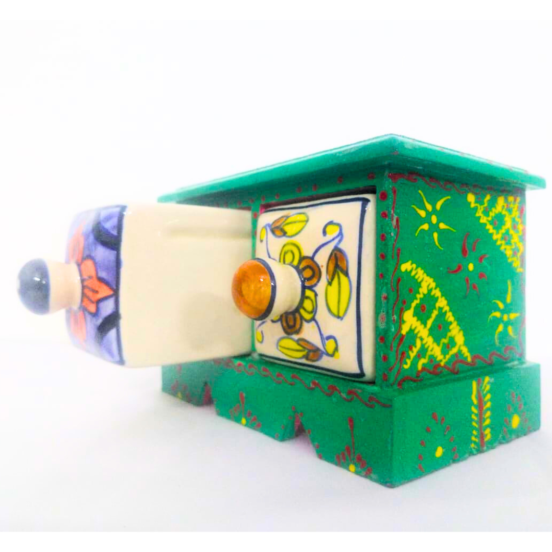 Handcrafted Ceramic 2-Drawer Storage Box | Green with Floral Design | Decorative Knobs | Multipurpose Organizer for Jewelry, Trinkets, Keys & Small Essentials