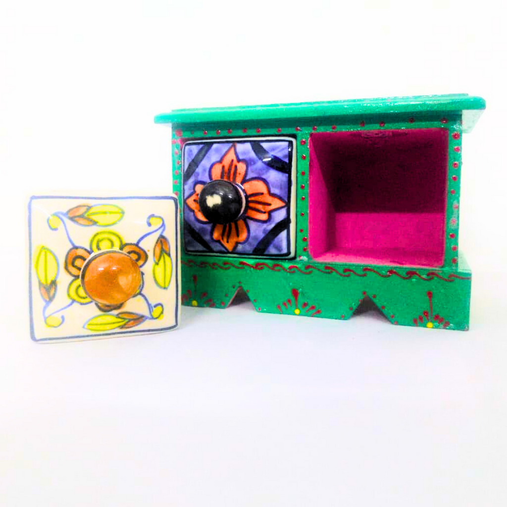 Handcrafted Ceramic 2-Drawer Storage Box | Green with Floral Design | Decorative Knobs | Multipurpose Organizer for Jewelry, Trinkets, Keys & Small Essentials
