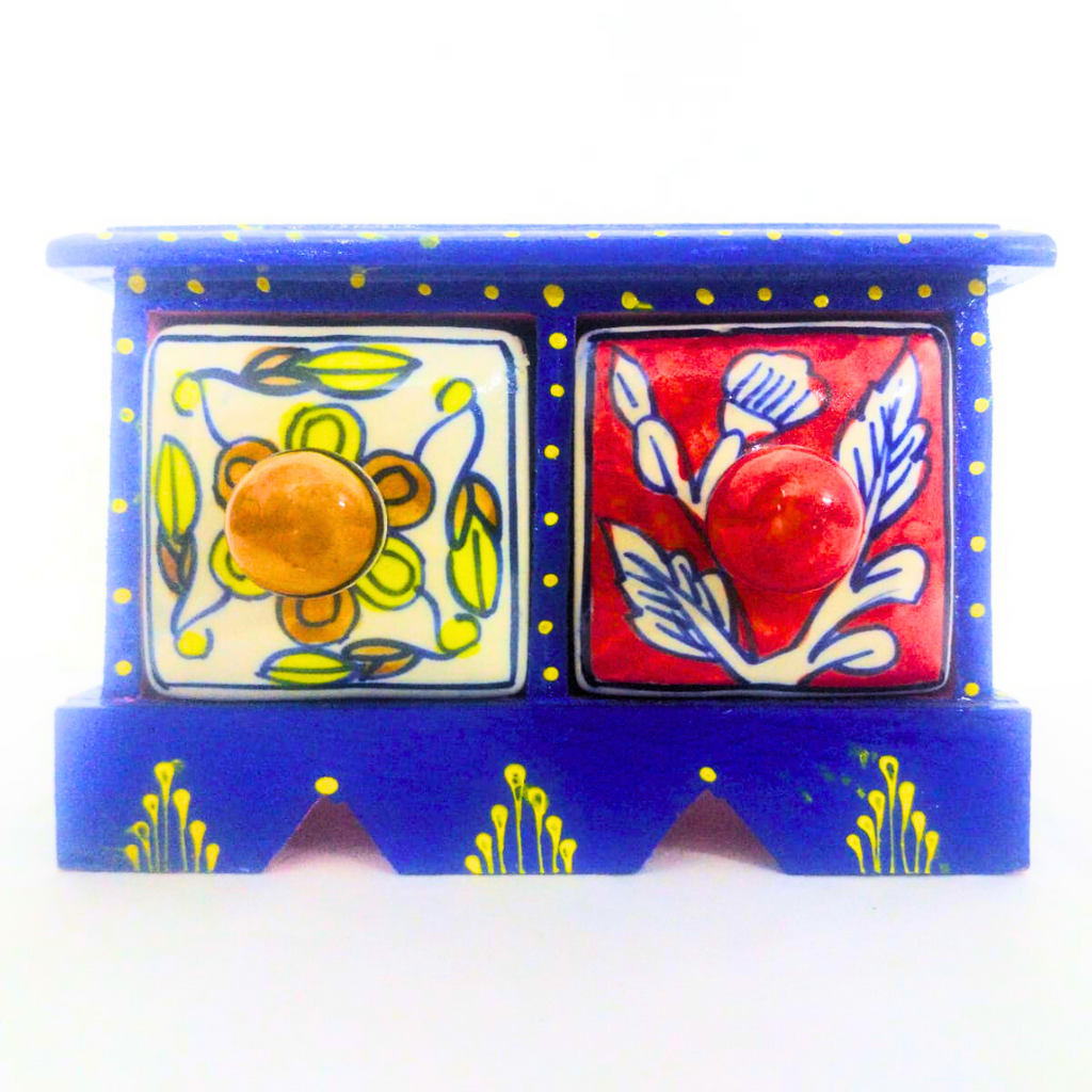 Handpainted Ceramic Drawer Box with Blue Floral Design | 2-Compartment Storage Box with Knobs | Decorative Organizer for Jewelry, Trinkets, Keys & Small Essentials