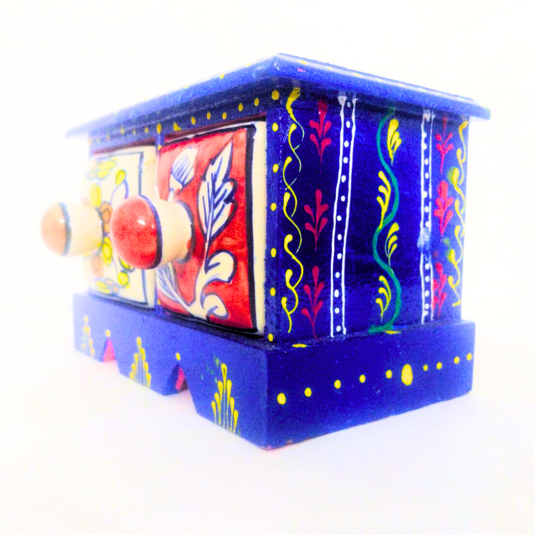 Handpainted Ceramic Drawer Box with Blue Floral Design | 2-Compartment Storage Box with Knobs | Decorative Organizer for Jewelry, Trinkets, Keys & Small Essentials