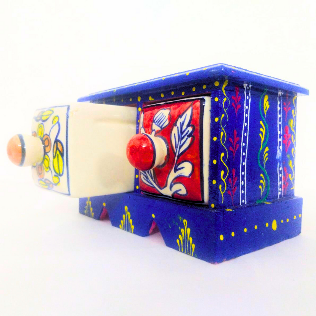 Handpainted Ceramic Drawer Box with Blue Floral Design | 2-Compartment Storage Box with Knobs | Decorative Organizer for Jewelry, Trinkets, Keys & Small Essentials