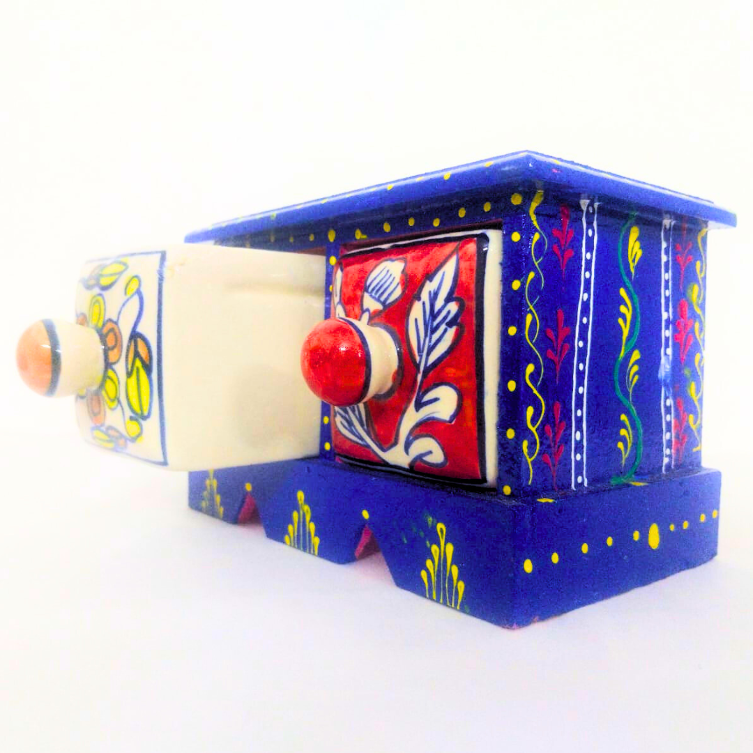 Handpainted Ceramic Drawer Box with Blue Floral Design | 2-Compartment Storage Box with Knobs | Decorative Organizer for Jewelry, Trinkets, Keys & Small Essentials