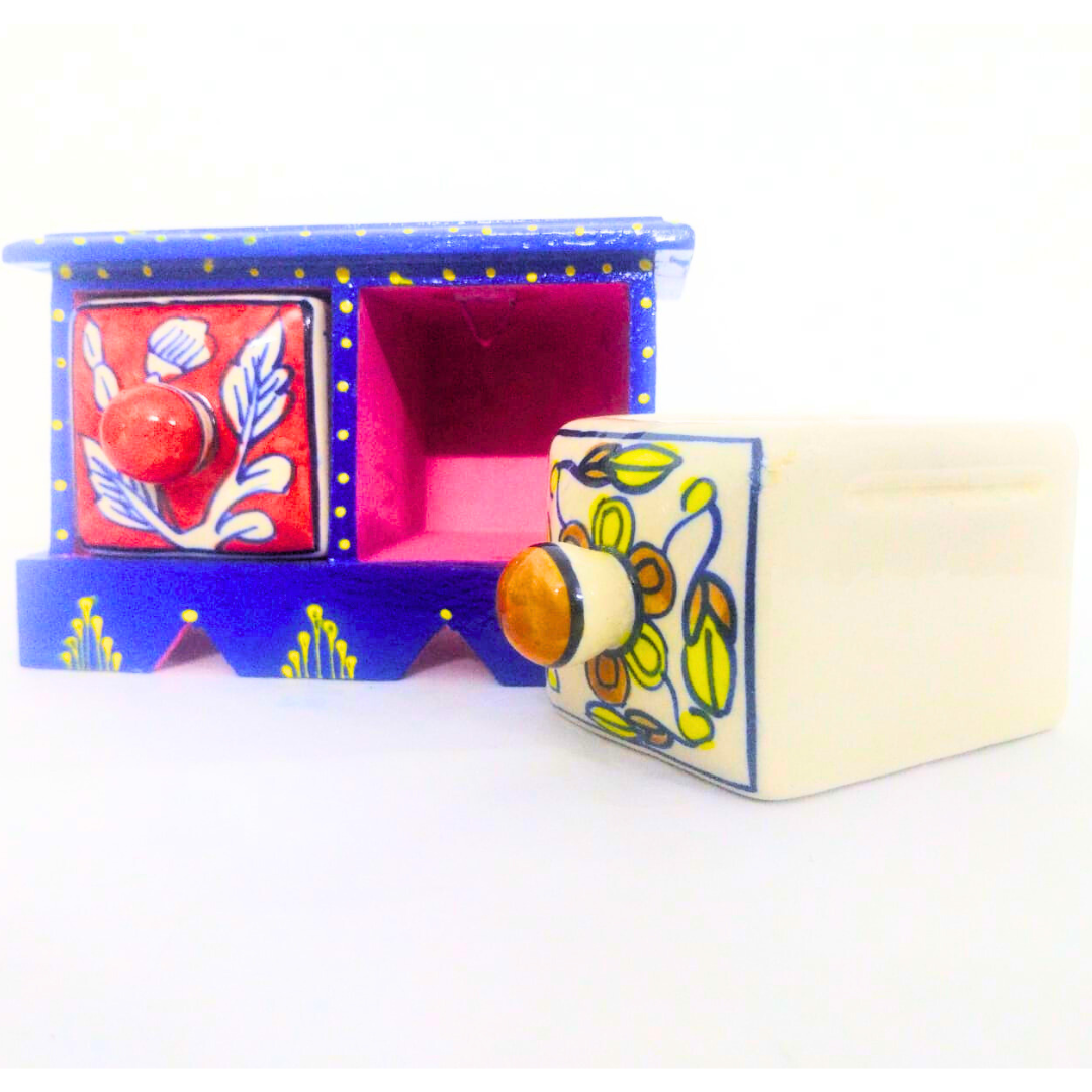 Handpainted Ceramic Drawer Box with Blue Floral Design | 2-Compartment Storage Box with Knobs | Decorative Organizer for Jewelry, Trinkets, Keys & Small Essentials
