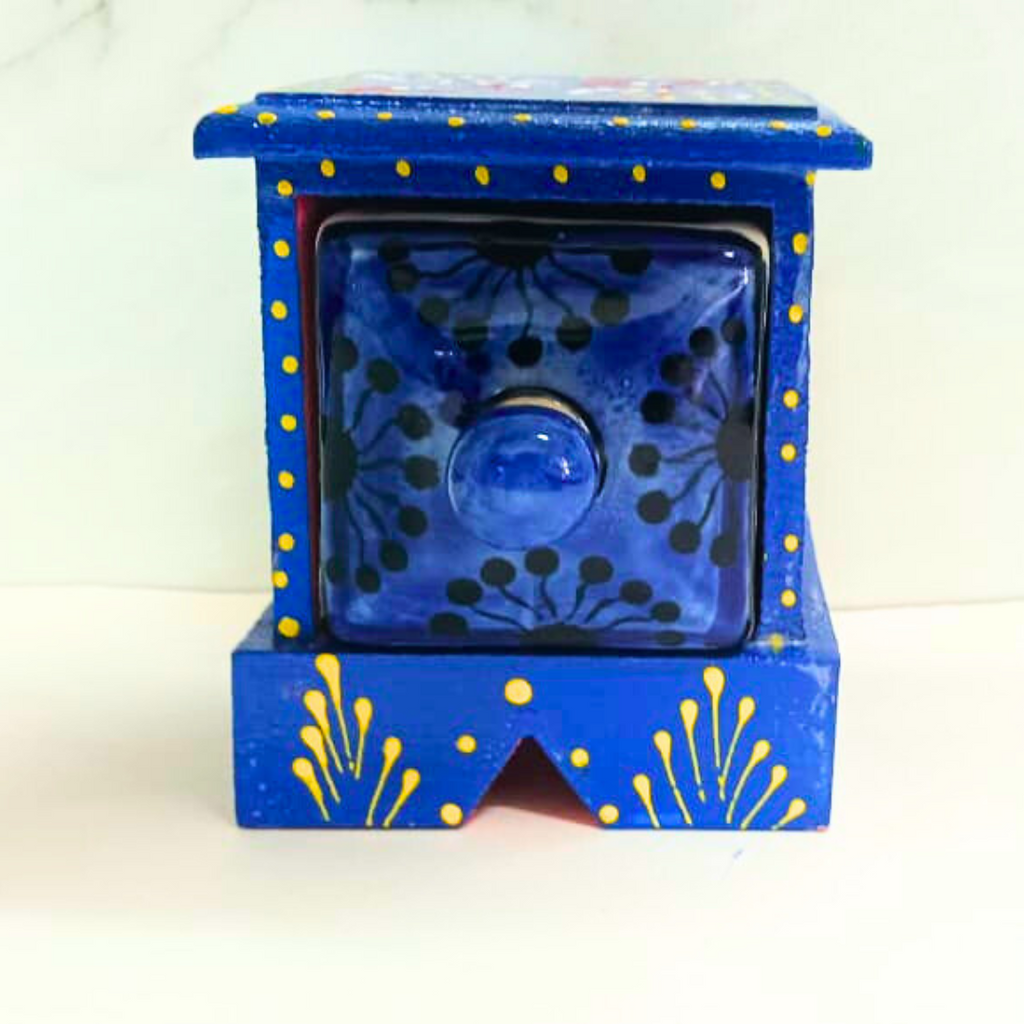 Handcrafted Blue Ceramic Drawer Box with Floral Pattern | Traditional Mexican Style Storage Box with Yellow Dotted Accents | Decorative Organizer for Jewelry, Trinkets, Keys & Small Essentials