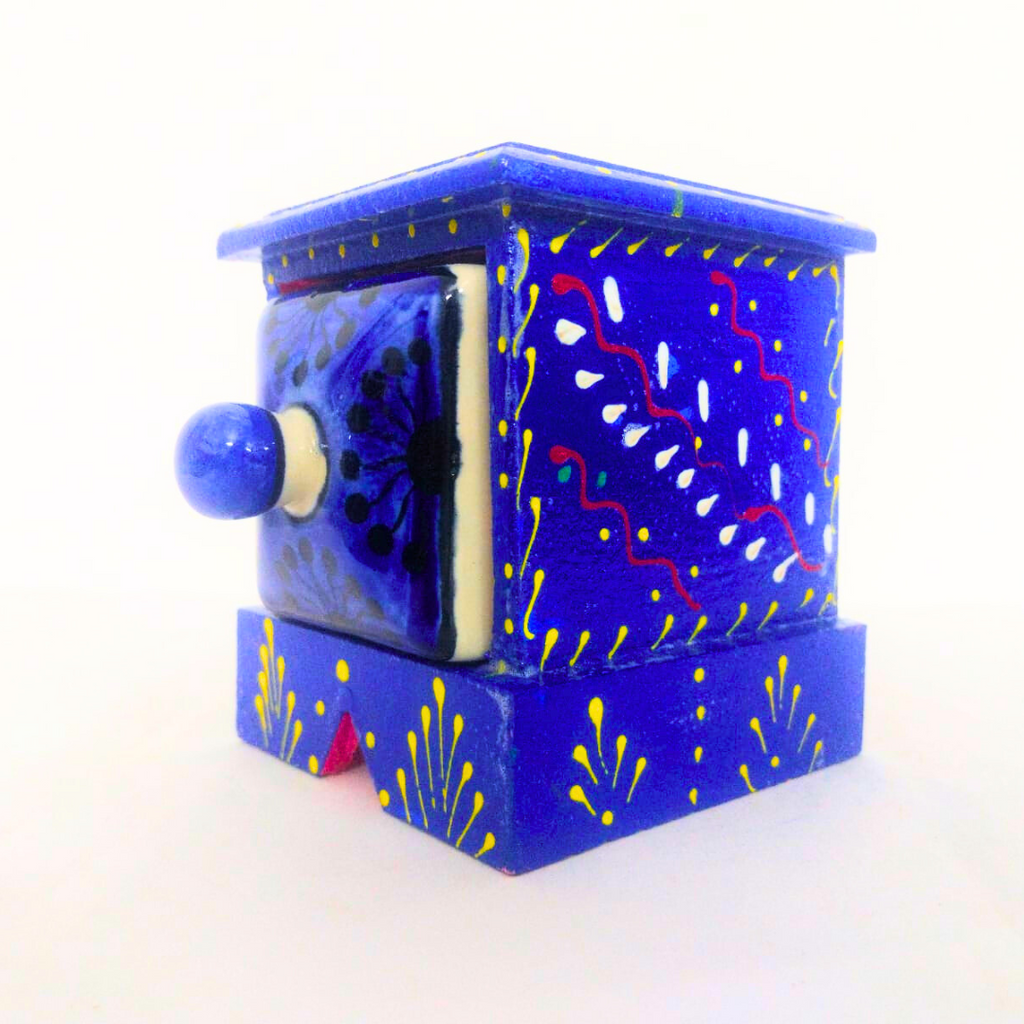 Handcrafted Blue Ceramic Drawer Box with Floral Pattern | Traditional Mexican Style Storage Box with Yellow Dotted Accents | Decorative Organizer for Jewelry, Trinkets, Keys & Small Essentials