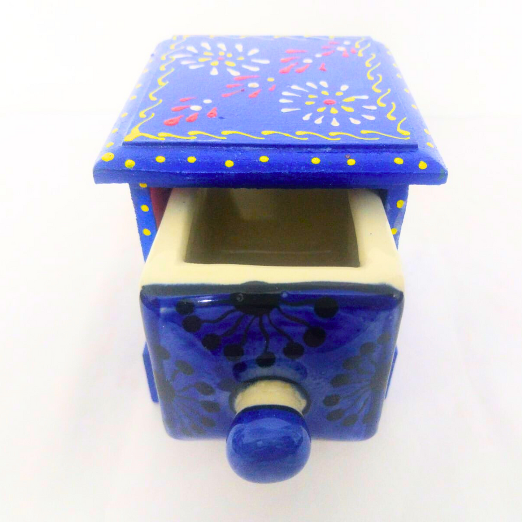 Handcrafted Blue Ceramic Drawer Box with Floral Pattern | Traditional Mexican Style Storage Box with Yellow Dotted Accents | Decorative Organizer for Jewelry, Trinkets, Keys & Small Essentials