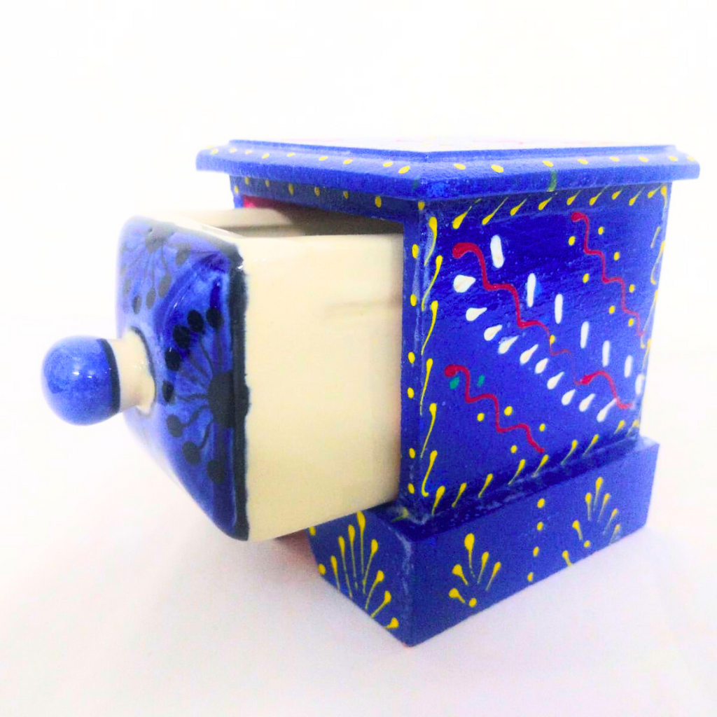 Handcrafted Blue Ceramic Drawer Box with Floral Pattern | Traditional Mexican Style Storage Box with Yellow Dotted Accents | Decorative Organizer for Jewelry, Trinkets, Keys & Small Essentials
