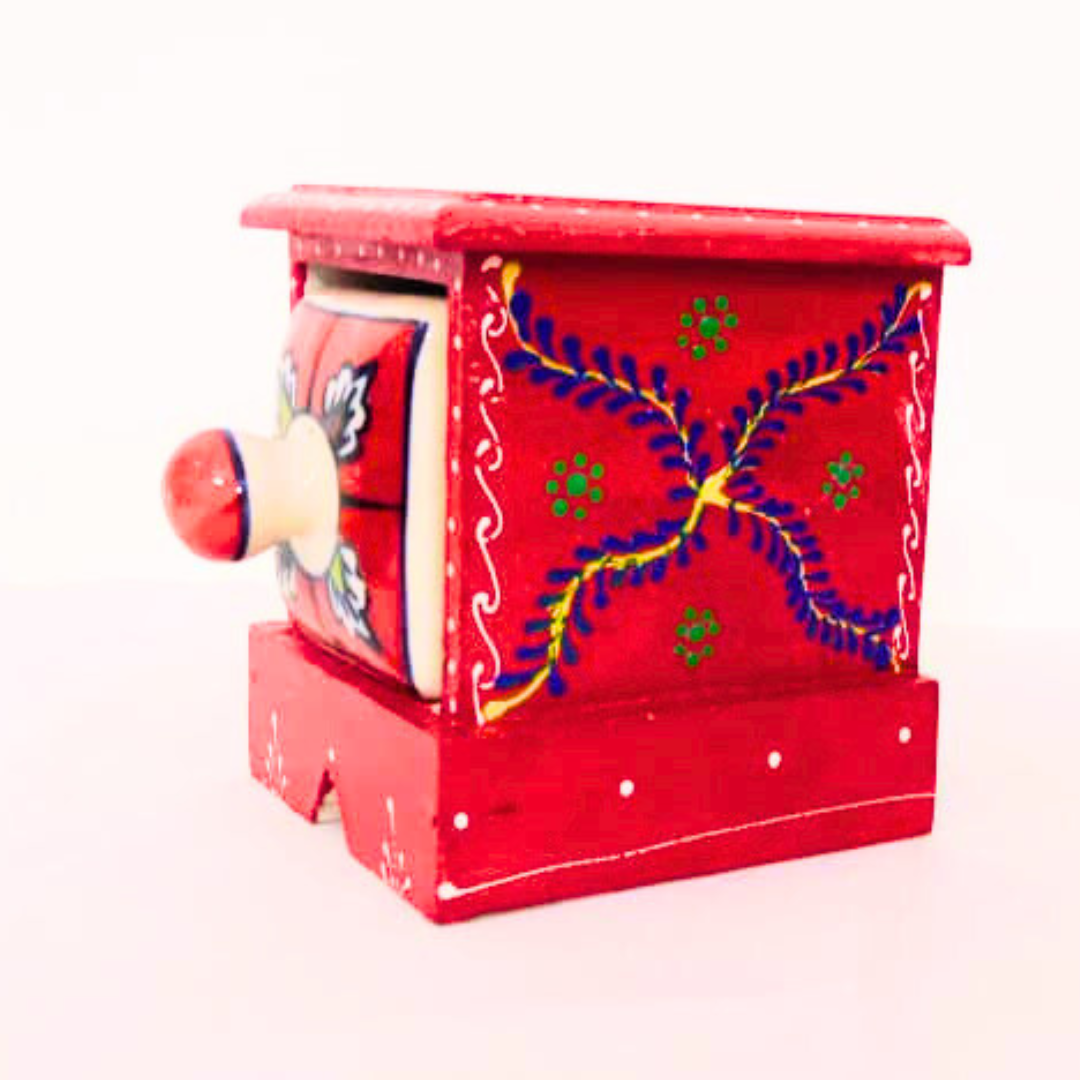 Handcrafted Wooden Drawer Box with Folk Art Design | Decorative Storage Box with Floral Pattern | Single Drawer Organizer for Jewelry, Trinkets, Keys & Small Essentials | Traditional Indian Style Gift