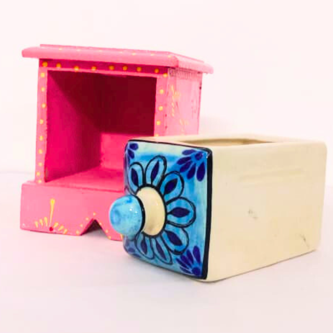 Handcrafted Ceramic Drawer Box | Pink & Blue Floral Design | Decorative Storage Container – Multipurpose Organizer