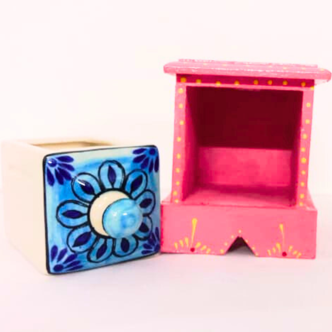 Handcrafted Ceramic Drawer Box | Pink & Blue Floral Design | Decorative Storage Container – Multipurpose Organizer