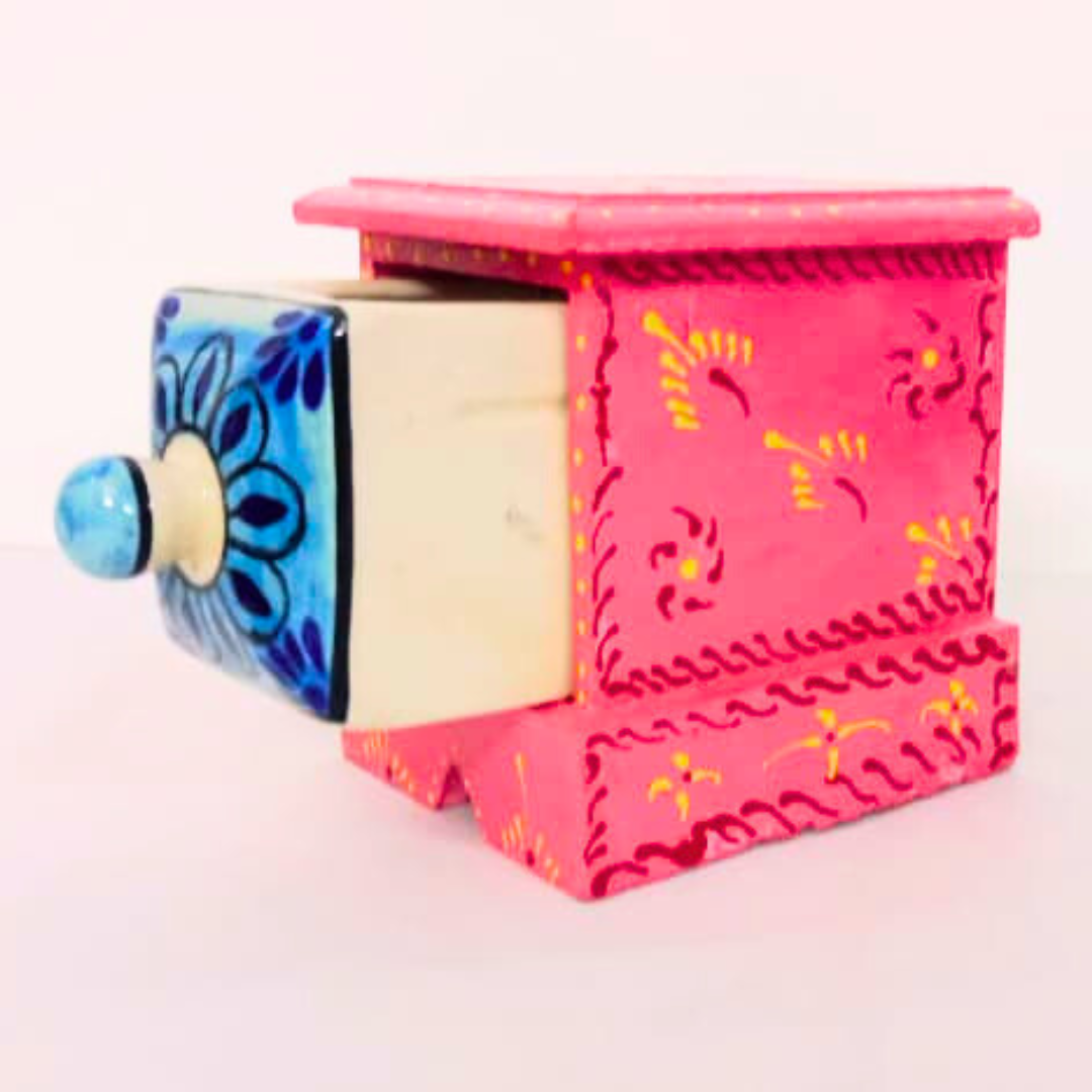 Handcrafted Ceramic Drawer Box | Pink & Blue Floral Design | Decorative Storage Container – Multipurpose Organizer