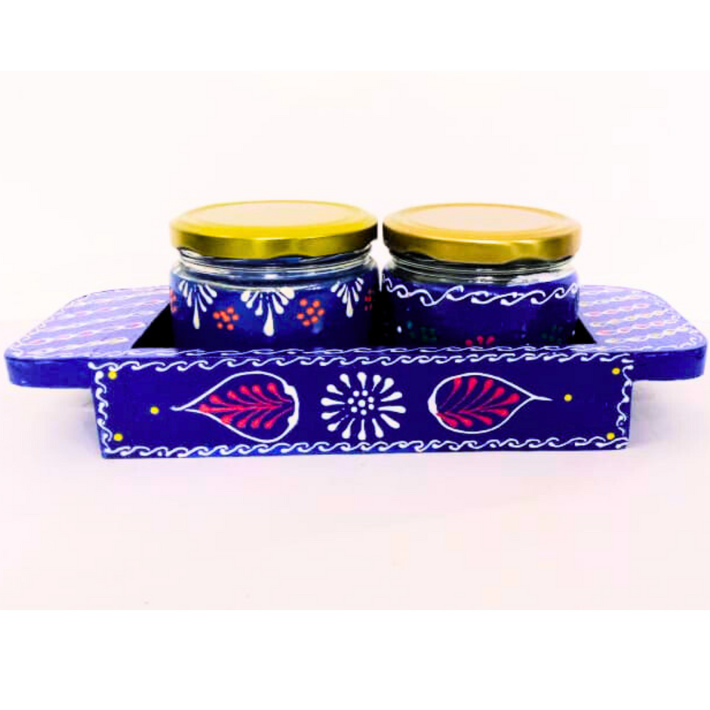 Hand-Painted Decorative Glass Jar Set with Wooden Tray | Traditional Rajasthani Design | Festive Storage Jars with Golden Lids for Spices, Dry Fruits, Gifts & Home Décor