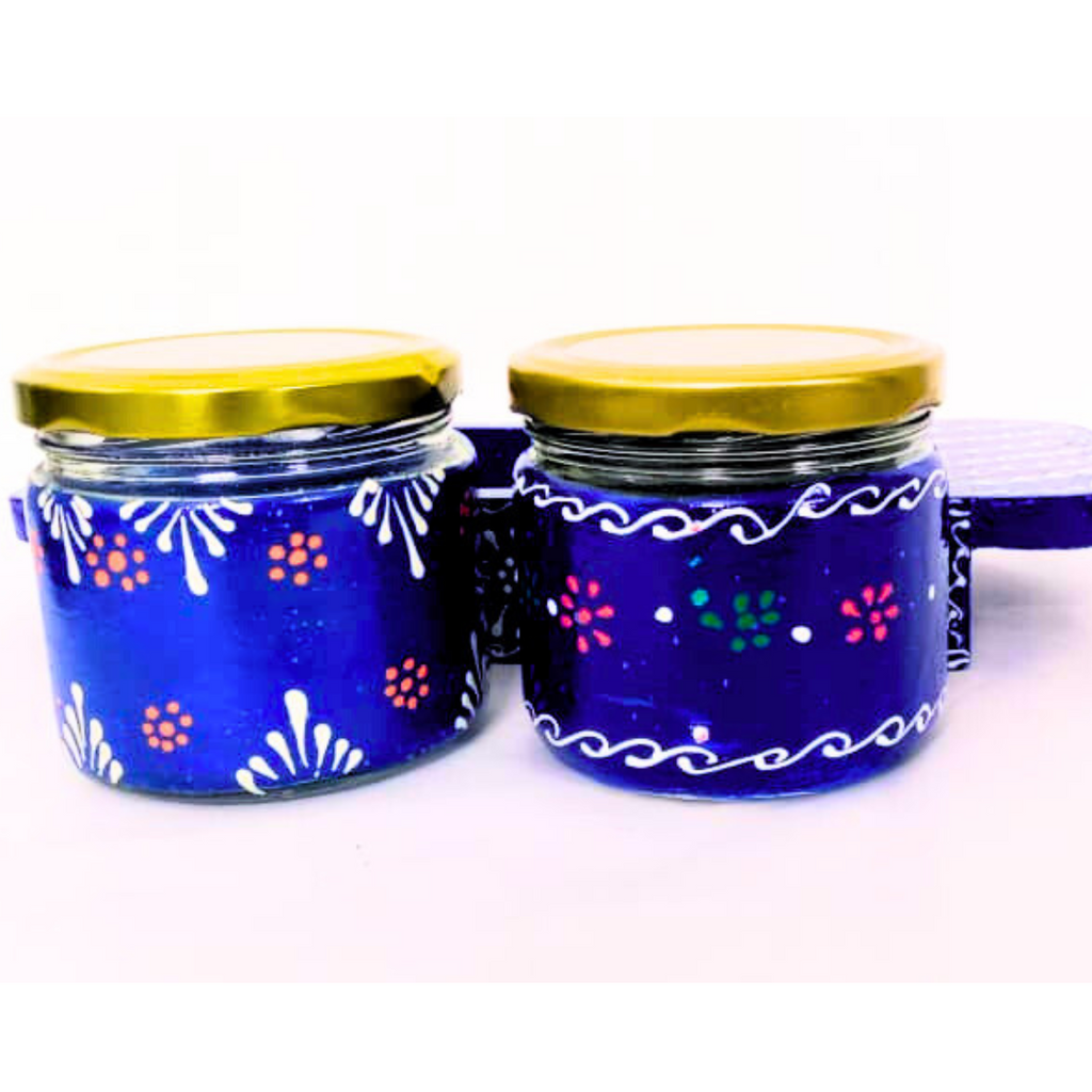 Hand-Painted Decorative Glass Jar Set with Wooden Tray | Traditional Rajasthani Design | Festive Storage Jars with Golden Lids for Spices, Dry Fruits, Gifts & Home Décor