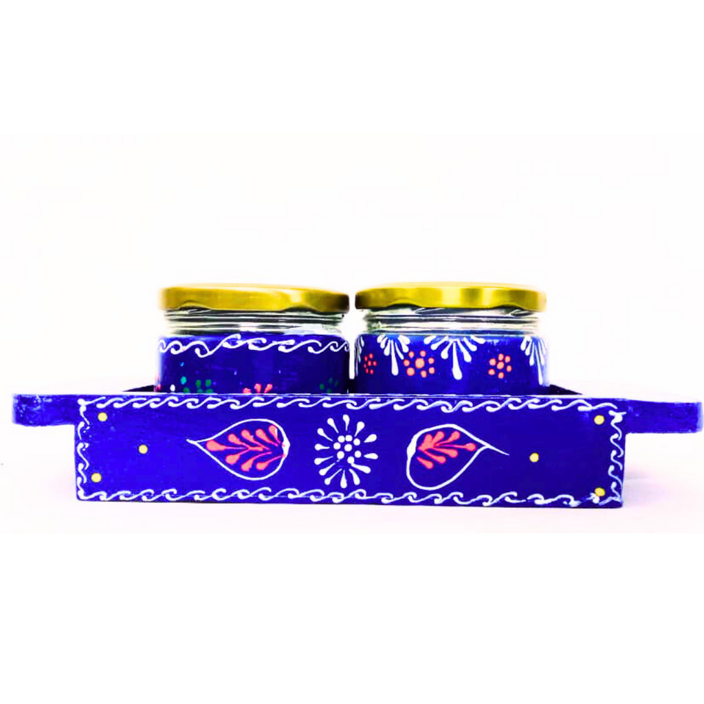 Hand-Painted Decorative Glass Jar Set with Wooden Tray | Traditional Rajasthani Design | Festive Storage Jars with Golden Lids for Spices, Dry Fruits, Gifts & Home Décor