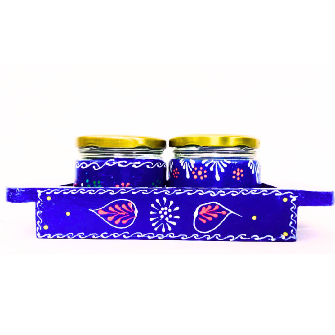 Hand-Painted Decorative Glass Jar Set with Wooden Tray | Traditional Rajasthani Design | Festive Storage Jars with Golden Lids for Spices, Dry Fruits, Gifts & Home Décor