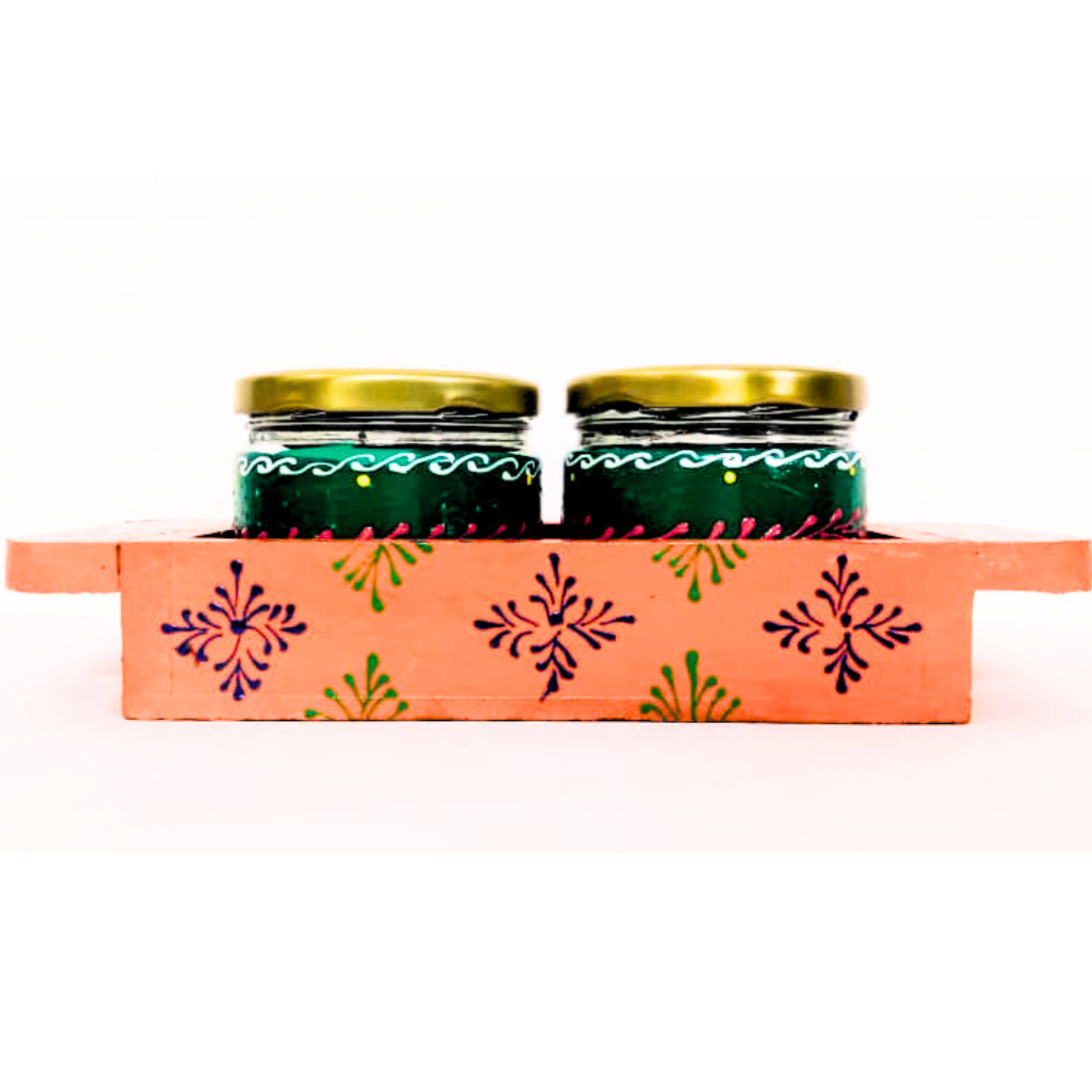 Hand-Painted Decorative Glass Jar Set with Wooden Tray | Traditional Rajasthani Design | Festive Storage Jars with Golden Lids for Spices, Dry Fruits, Gifts & Home Décor