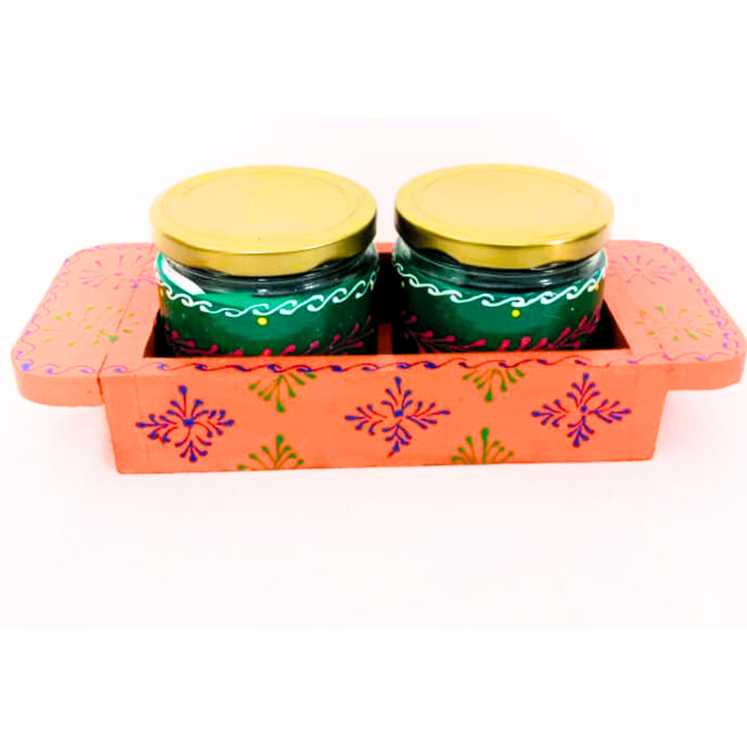 Hand-Painted Decorative Glass Jar Set with Wooden Tray | Traditional Rajasthani Design | Festive Storage Jars with Golden Lids for Spices, Dry Fruits, Gifts & Home Décor